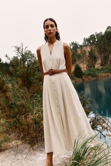 Zara Платье-миди из льна с поясом