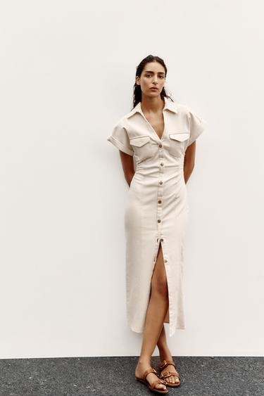 Zara Платье миди со сборками на талии купить с доставкой.