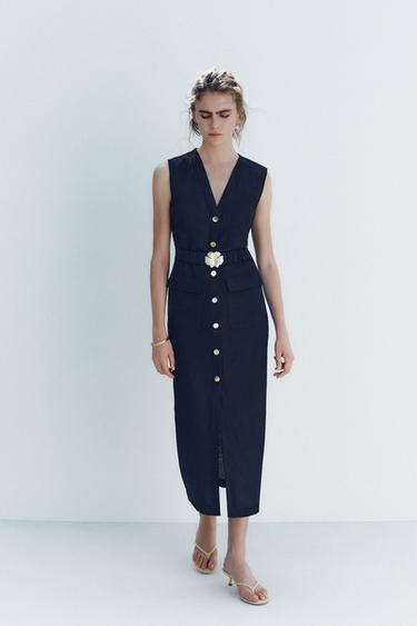 Zara Платье-миди с поясом и льном