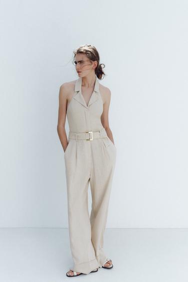 Zara Длинный комбинезон халтер из льна купить с доставкой.