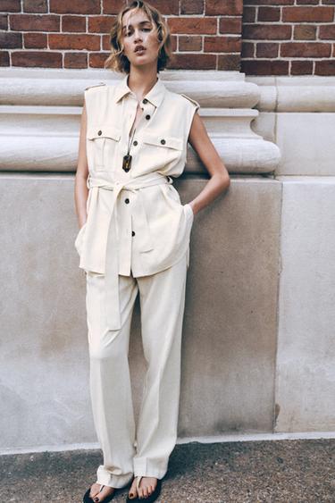 Zara Длинный жилет с поясом из льняной ткани купить с доставкой.