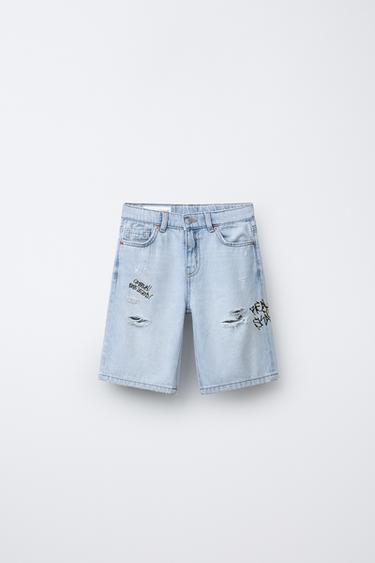Zara Джинсовые бермуды прямого кроя с разрезами и граффити купить с доставкой.