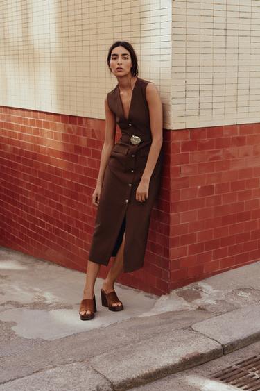 Zara Платье миди из крепа с поясом купить с доставкой.
