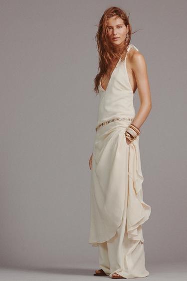 Zara Платье миди с горловиной халтер и бусинами купить с доставкой.