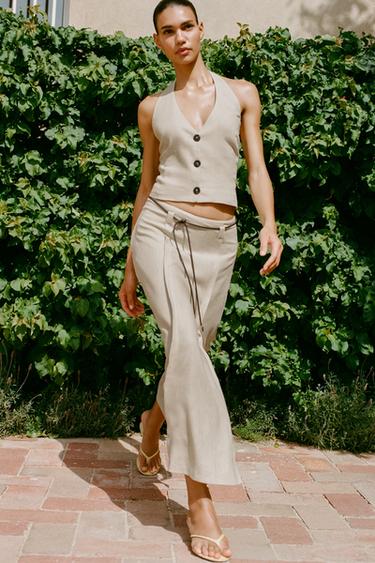 Zara Юбка-миди с ремнем и льном