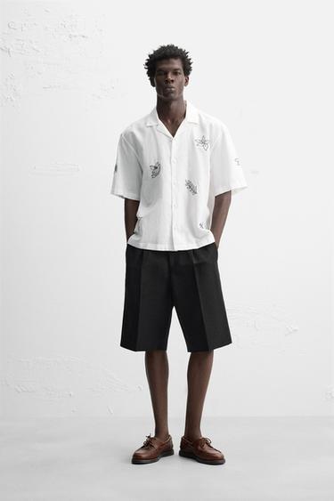 Zara Рубашка из хлопка и льна с вышивкой