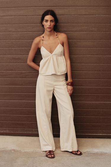 Zara Джинсовый топ халтер с бусинами купить с доставкой.