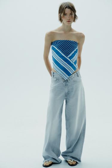 Zara Полосатый льняной топ без бретелей