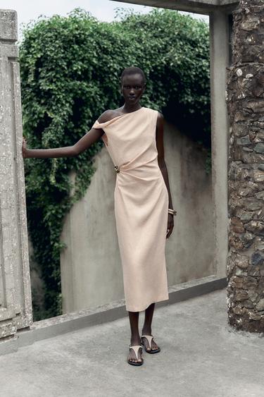 Zara Асимметричное платье-миди с льняной аппликацией