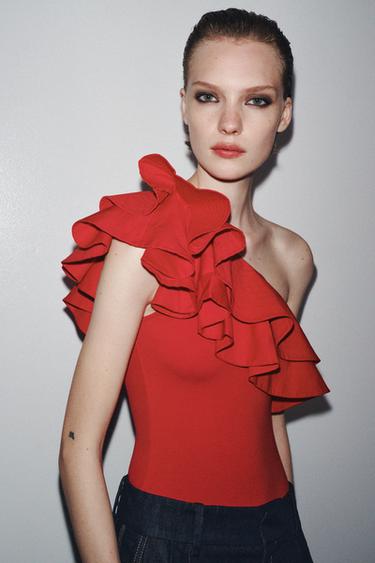 Zara Комбинированное боди асимметричного кроя с воланом купить с доставкой.