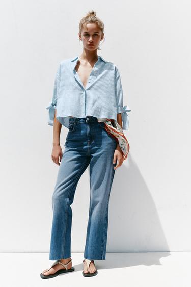 Zara Рубашка в полоску с завязками и льном