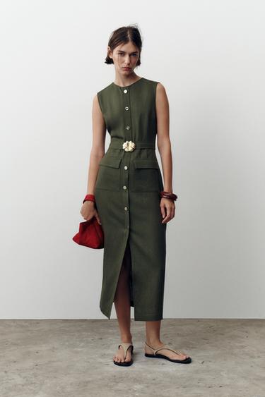 Zara Платье-миди с поясом и льном купить с доставкой.