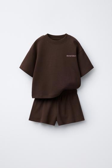 Zara Комплект из футболки и шортов-бермудов интерлок с надписью купить с доставкой.