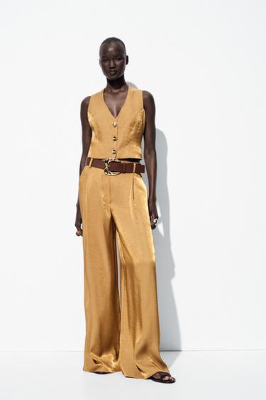 Zara Широкие брюки из атласа с ремнем купить с доставкой.