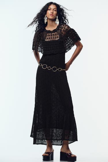Zara Длинное трикотажное платье с ажурной вышивкой и оборкой