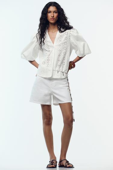 Zara Рубашка с перфорированной вышивкой и рукавами-буфами