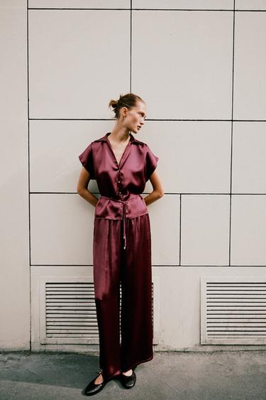 Zara Атласная рубашка с поясом купить с доставкой.