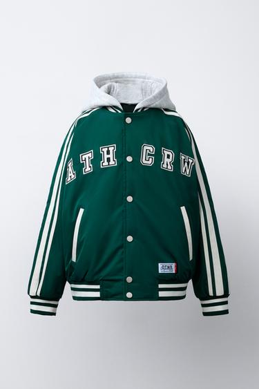 Zara Стеганый бомбер в стиле VARSITY со съемным капюшоном