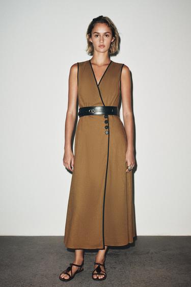 Zara Платье-миди с поясом и льном