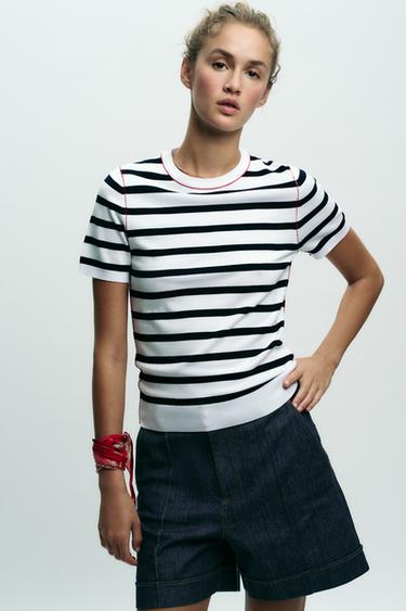 Zara Трикотажный топ с короткими рукавами и отделкой купить с доставкой.