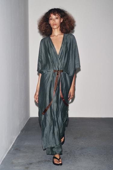 Zara Платье из льняной ткани с контрастной завязкой