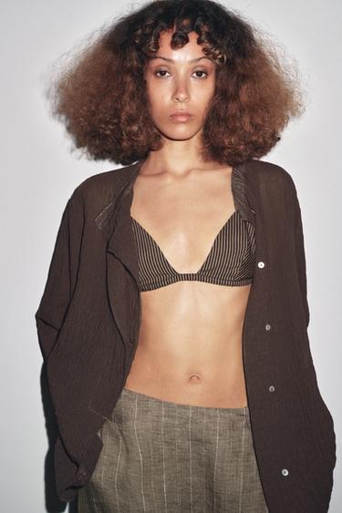 Zara Треугольный бюстгальтер в полоску с льном