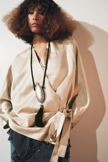 Zara Блуза с запахом и завязками из льна ZW COLLECTION