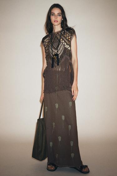 Zara Юбка с вышивкой и льном — ZW COLLECTION купить с доставкой.