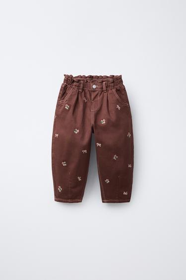 Zara Багги-брюки с вышивкой цветов из твила купить с доставкой.