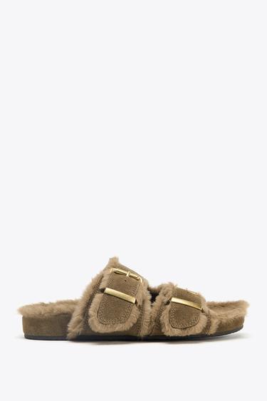 Zara Сандалии на плоской подошве с мехом и пряжками купить с доставкой.