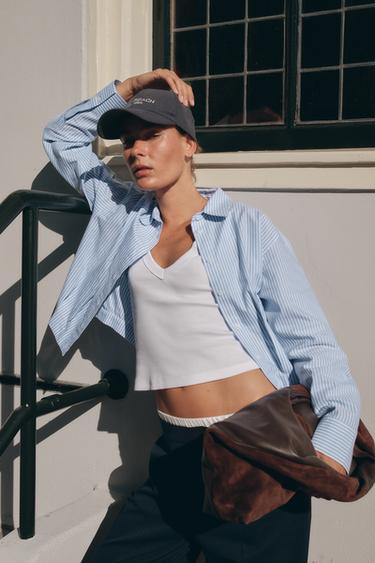 Zara Укороченная рубашка оксфорд в полоску со складками на талии
