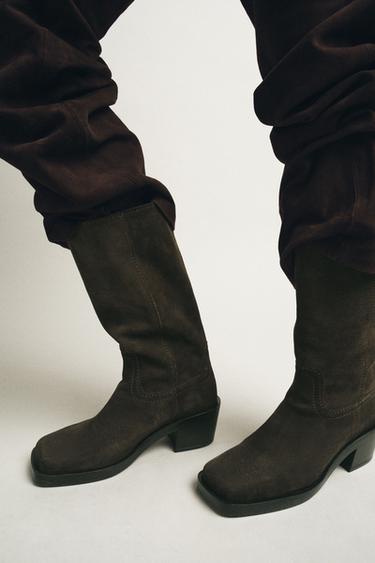 Zara Замшевые сапоги с декоративной строчкой