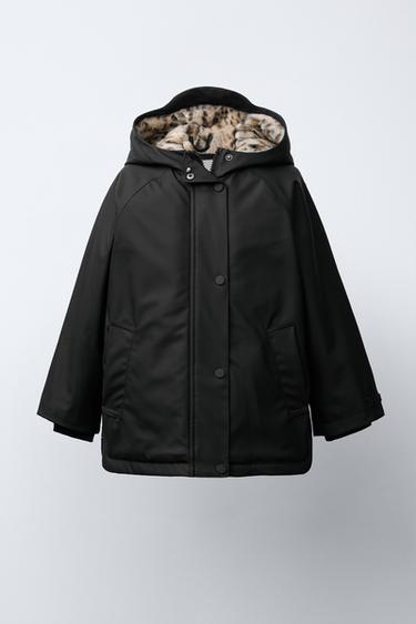 Zara WATER-REPELLENT COATED JACKET WITH FAUX FUR ANIMAL PRINT