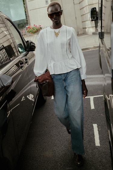 Zara Блуза с кружевом и баской