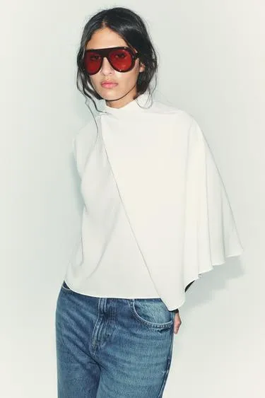 Топ из крепа с асимметричной накидкой- Заказать в России