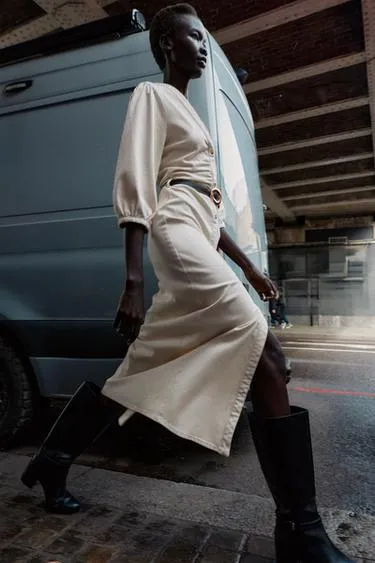 Платье миди с рукавами-буфами и поясом- Заказать в России