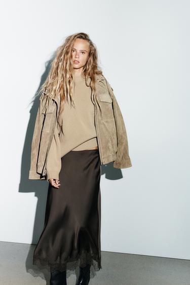 Zara Атласная юбка миди с кружевом