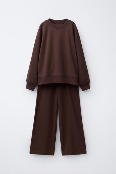 Zara Комплект из толстовки и брюк WIDE LEG из флиса, однотонный купить с доставкой.