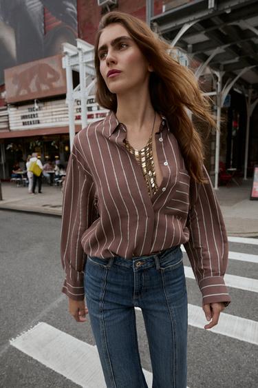 Zara Рубашка в полоску с карманом купить с доставкой.