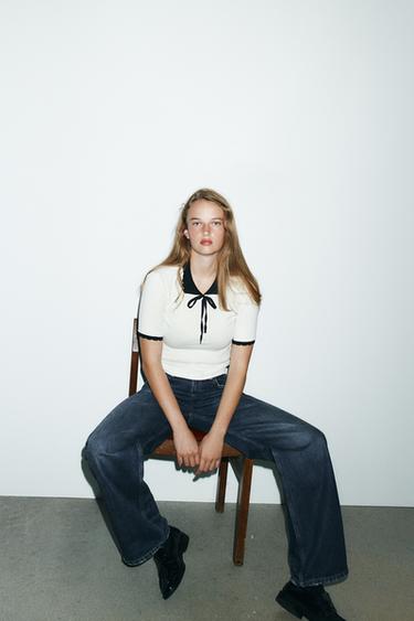 Zara Футболка с контрастным воротником и бантом купить с доставкой.