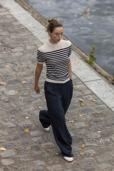 Zara Полосатый трикотажный топ с оборками купить с доставкой.