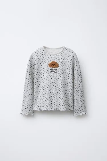 RIBBED T-SHIRT WITH ANIMAL PATCH AND FLORAL PRINT