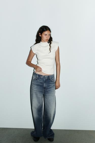 Zara Топ с цветами, рельефом и отделкой драгоценными камнями