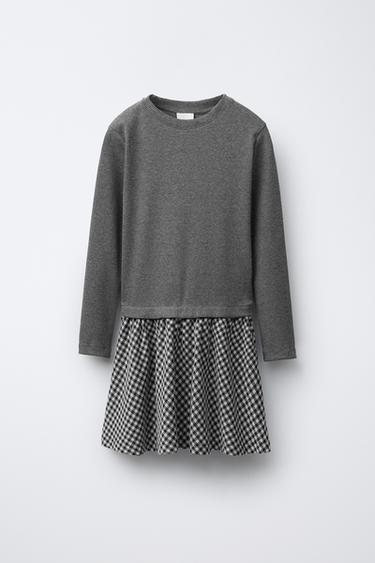 Zara Комбинированное платье в рубчик с юбкой в клетку