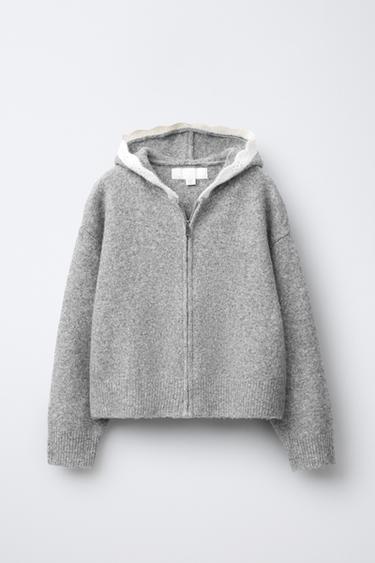 Zara Вязаная куртка с капюшоном и кружевной отделкой
