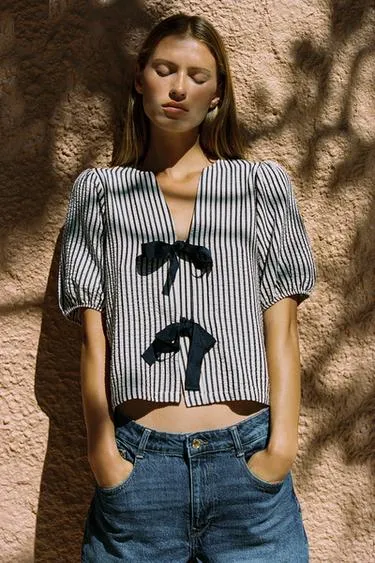 Блуза льняная с завязками- Заказать в России