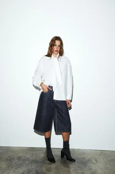 Рубашка оверсайз из поплина с кружевным бантом