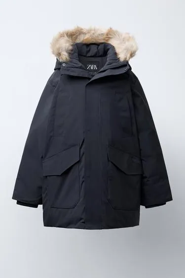 LONG FEATHER AND DOWN WATER-REPELLENT PUFFER JACKET WITH DETACHABLE FAUX FUR HOOD