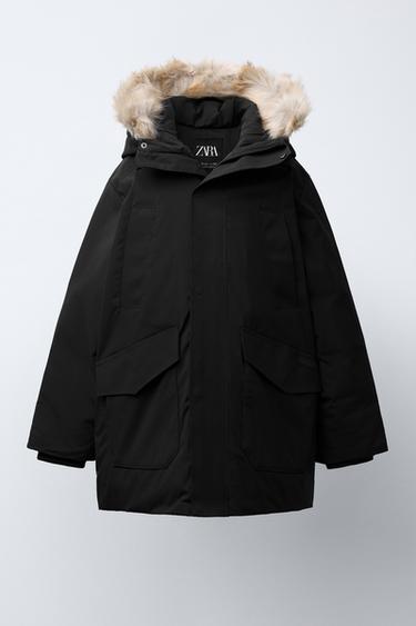 Zara LONG FEATHER AND DOWN WATER-REPELLENT PUFFER JACKET WITH DETACHABLE FAUX FUR HOOD
