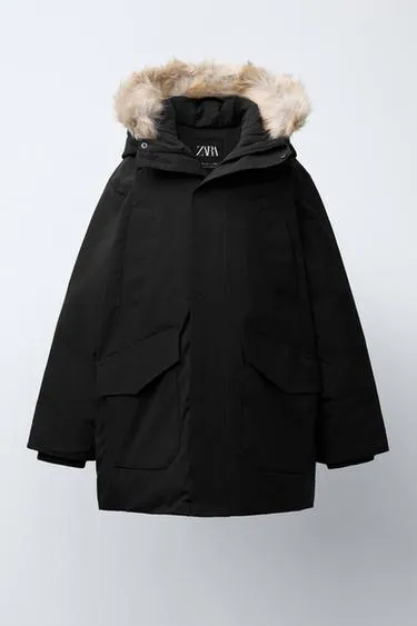 LONG FEATHER AND DOWN WATER-REPELLENT PUFFER JACKET WITH DETACHABLE FAUX FUR HOOD